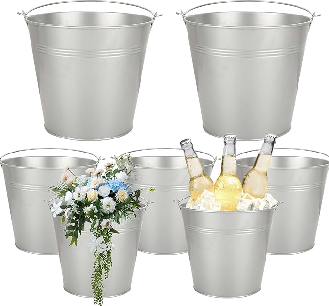 6PCS 6Inch Galvanized Buckets with Handles - Small Metal Flower Pot Planters for Home Decor, Wedding Decorations