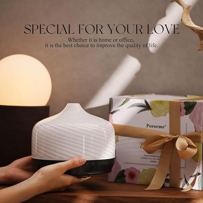 Porseme 500ml Glass Essential Oil Diffuser Aromatherapy Ultrasonic Cool Mist Humidifier 15-21 Running Hours Waterless Auto-Off Air Diffusers for Sleeping Yoga Office Working Spa and Rest (Pure White)