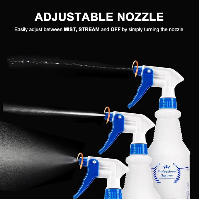 Bealee Plastic Spray Bottles 4 Pack, 24 Oz, All-Purpose Sprayer for Cleaning Solutions, Heavy Duty Spraying Leak Proof Mist Empty Water Bottle for Planting, BBQ, Pet with Adjustable Nozzle, Blue