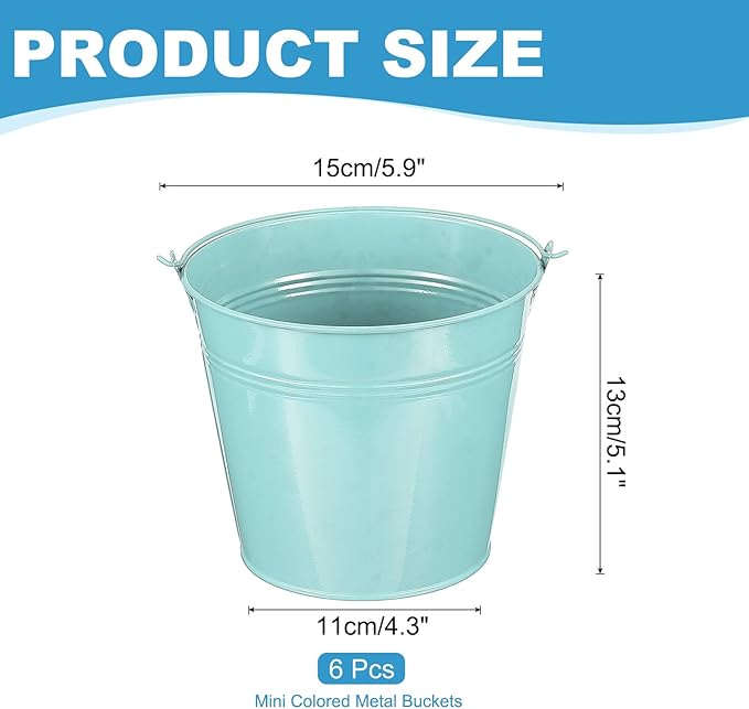 PATIKIL 5.9"x5.1" Small Metal Buckets with Handle, 6 Pcs Mini Galvanized Bucket Colorful Easter Buckets for Crafts Party Favors Decoration, Light Blue