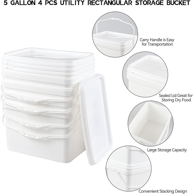 Kekow 5 Gallon White Square Food Plastic Bucket with Lid, 4 Pcs Utility Plastic Rectangular Bucket Pail with Lid and Handle