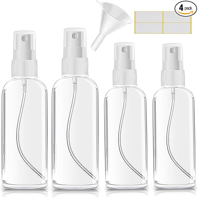 Small Spray Bottle, Clear Empty Mini Travel Plastic Bottle. Premium spray bottles for perfumes and cosmetics. 2 * 1oz, 2 * 1.7oz. (4 Pack)