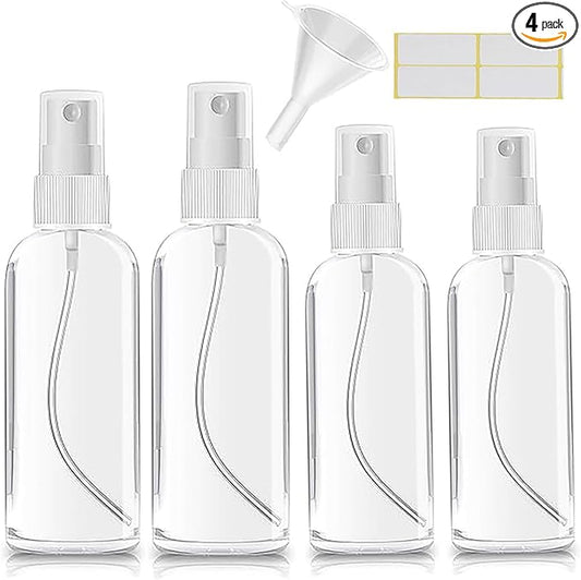 Small Spray Bottle, Clear Empty Mini Travel Plastic Bottle. Premium spray bottles for perfumes and cosmetics. 2 * 1oz, 2 * 1.7oz. (4 Pack)