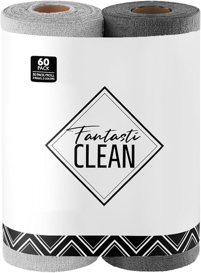 Fantasticlean Microfiber Cleaning Cloth Roll -60 Pack, Tear Away Microfiber Towels, 12" x 12", Reusable, Washable, Scratch Free, Ultra Absorbent for Car, Home Supplies (Grey & DimGrey)