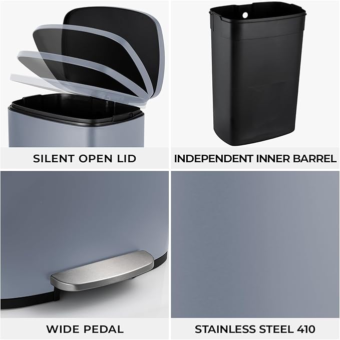 8 Gal Kitchen Trash Can, 30L Recycling or Garbage Bin, Brushed Stainless Steel Waste Basket, Soft&Quiet Close Dustbin, with Step-On Pedal, Removable Inner Bucket, for Home, Office, Living Room