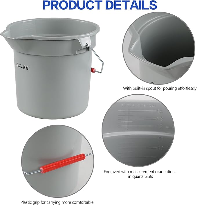 Begale 3.5 Gallon Commercial Cleaning Pail, Plastic Round Car Wash Bucket with Handle, Gray, Pack of 4
