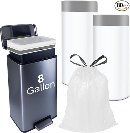 Drawstring Trash Bags for 8-Gallon (30L) Trash Cans, Kitchen Garbage Bags, Pre-Separated, 2 Rolls, 80 Count White Waste Basket Liners For Home Office Kitchen Bathroom Bedroom Pets Livingroom