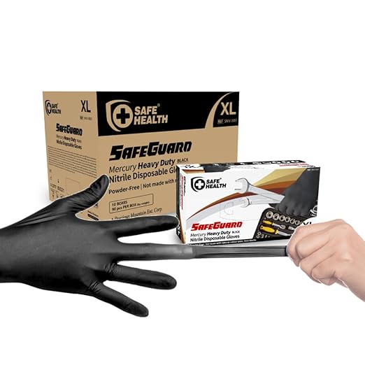 Safe Health HD Industrial Nitrile Black Disposable Gloves, Heavy Duty, 5 Mil, Case of 900, Xlarge, Latex Free, Powder Free, Oil Grease Resistant, Automotive, Mechanic, Maintenance