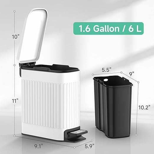 TIPGO Slim Bathroom Trash Can with Lid Soft Close, Step Pedal, 6 Liter / 1.6 Gallon Stainless Steel Trash Bin, Small Garbage Cans for Bedroom, Office, Kitchen (White)