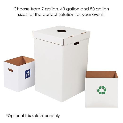 BOX USA Cardboard Trash Cans and Recycling Bins, 50 Gallon 18" L x 18" W x 36" H (10-Pack) Reusable or Disposable Pop Up Garbage Boxes for Parties, Outdoor Events, Heavy Duty, Waste