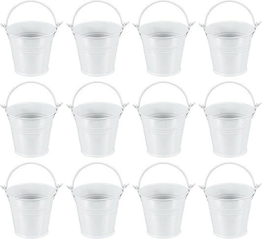 PATIKIL 2.7"x2.3" Small Metal Buckets with Handle, 12 Pcs Mini Galvanized Bucket Colorful Easter Buckets for Crafts Party Favors Decoration, White