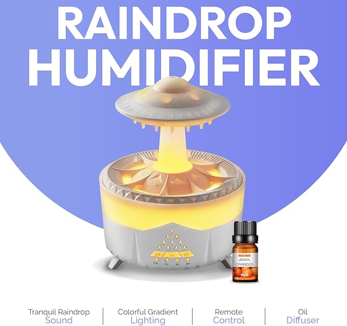 UFO Raindrop Humidifier Oil Diffuser - White - House Scent Essential Oil Desk Humidifier for Aromatherapy - Mushroom Desk Lamp Diffuser With Orange Aroma Oil Included