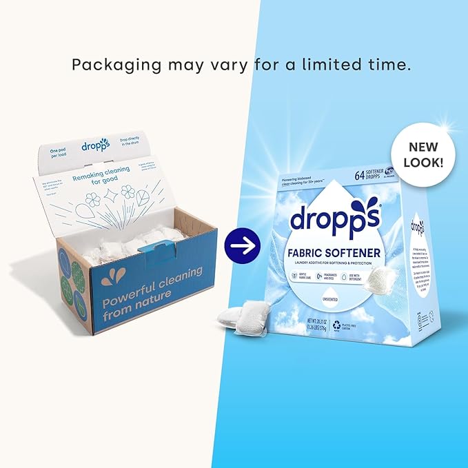 Dropps Laundry Fabric Softener Pods, Unscented (64 Count) - Fabric Softener Liquid Pods for Fluffy, Soft Fabrics - HE Compatible Mineral Based Ingredients Laundry Supplies
