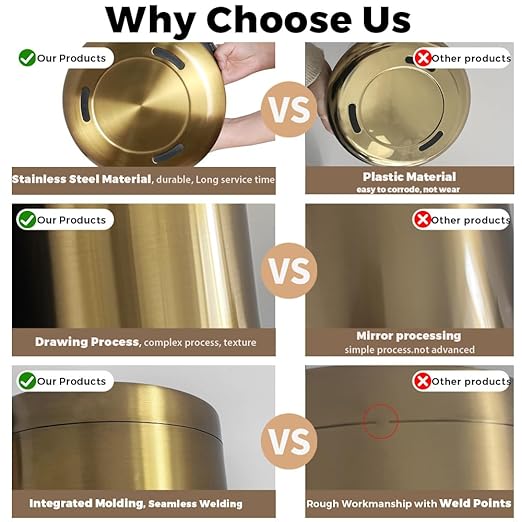 8L/2.1GALbrass Garbage can with Swing lid，Brushed Nickel Gold Trash can,Matte Gold Trash can for Bathroom,Powder Room,Bedroom,Laundry Room (GOLD-32-8l)