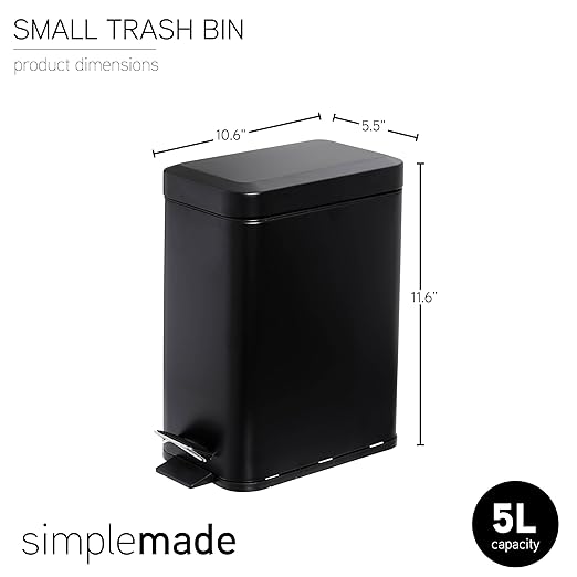 simplemade Rectangle Step Trash Can - 5 Liter / 1.3 Gallon - Stainless Steel Bathroom Trash Can | Small Trash Can with Lid | Office Trash Can | Garbage Can with Lid | Metal Wastebasket (Black)