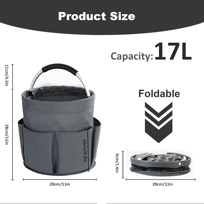 17L Cleaning Caddy with Handle, Cleaning Supplies Organizer, Foldable Storage Basket, Cleaning Supply Caddy, Portable Multi Cleaning Bucket Bag for Home, Garden (Grey)