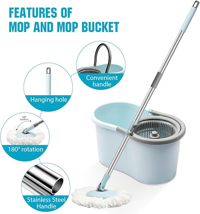 Spin Mop and Bucket with Wringer Set, 360° Spinning Mop Bucket System with 3 Microfiber Mop Replacement Heads and 50" Stainless Steel Adjustable Handle for Floor Cleaning (15QT)