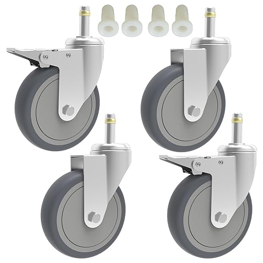 4-Inch Swivel Stem Caster, 7/16-Inch Stem Diameter Rubber Wheel, Heavy Duty TPR Replacement Wheels for Rubbermaid Mop Bucket Cart Grill Casters - 4 Pack (2 Brakes 2 Swivel)
