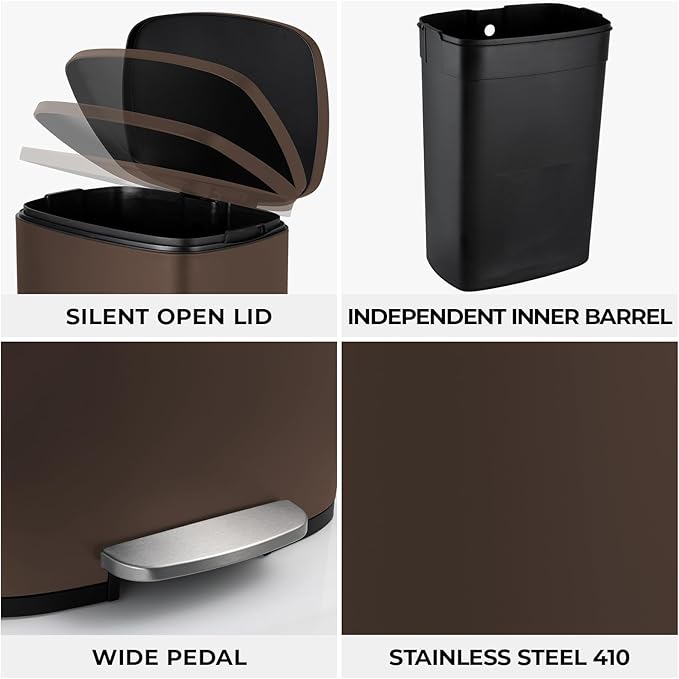 8 Gal Kitchen Trash Can, 30L Recycling or Garbage Bin, Brushed Stainless Steel Waste Basket, Soft&Quiet Close Dustbin, with Step-On Pedal, Removable Inner Bucket, for Home, Office, Living Room