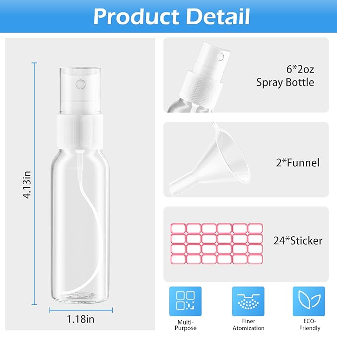 Spray Bottles, 2oz/50ml Clear Empty Fine Mist Plastic Mini Travel Bottle Set, Small Refillable Liquid Containers with 2pcs Funnels and 24pcs Labels (6 Pack)