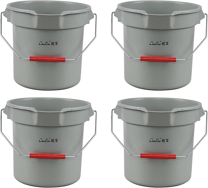 14 Quart Commercial Cleaning Pail with Handle, 4-Pack Plastic Bucket with Pour Spout, Grey