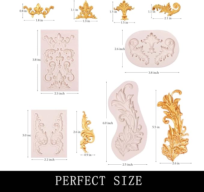 Baroque Silicone Fondant Molds, (4 Pack) Scrolls Border Feather Crown Corner Molds for Cake Decorating Polymer Clay