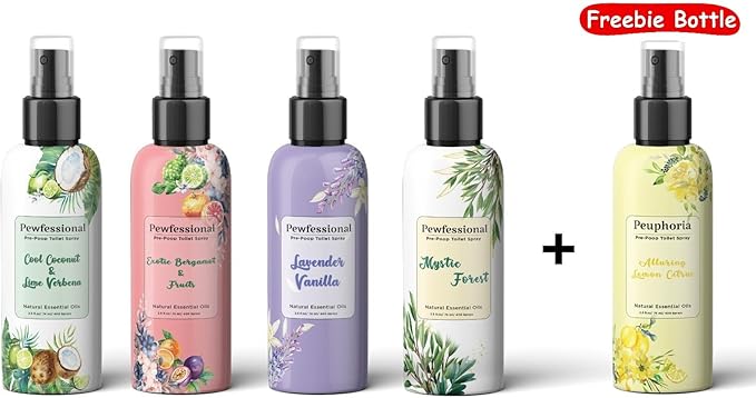 Pewfessional poop spray for toilet, pre poo toilet spray bathroom odor eliminator and air freshener, 2.5 Ounce, 5 pack Travel Size