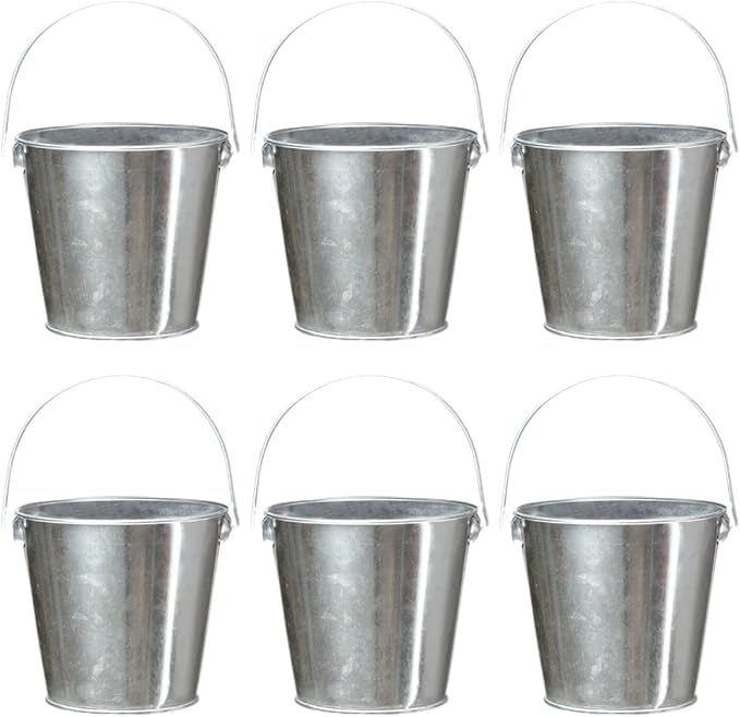 Galvanized Tin Metal Buckets with Handle - 6 Pack 4.3 Inch Iron Pail, Easter Bucket,Pencil Holder and Flower Pots,Craft Supply Holders for Events,School Storage and Party. (Silver, 4.3" Top)