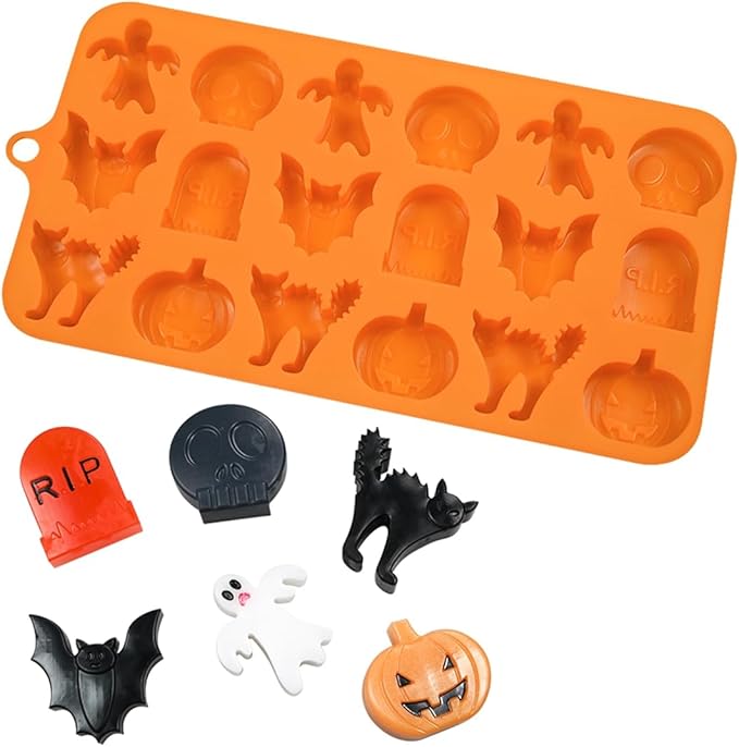 mostsom Chocolate Mold Halloween Silicone Chocolate Molds Pumpkin Bat Skull Ghost Spider Shape Baking Molds for Jelly Soap Fondant Candy Pastry Cake Decorating (H_9x4.6x0.52 inch)