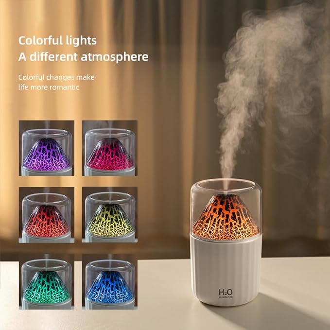 Colorful Volcano Humidifier, Ultrasonic Cool Mist Auto Shut-Off Car Diffuser, 2 Fog Mode Ultra Quiet Humidifier for Car Bedroom Office USB-300ml (Black)