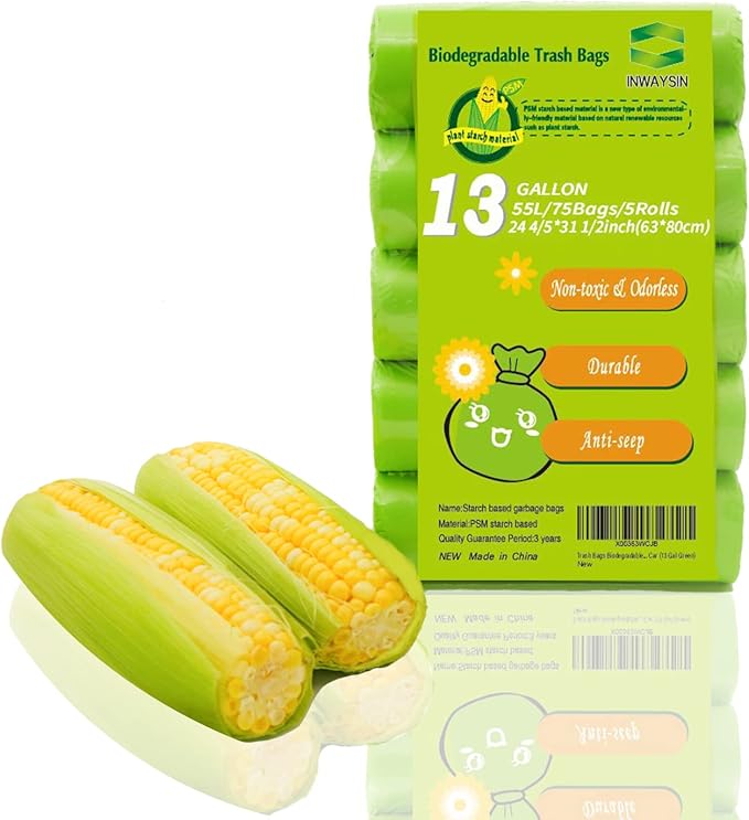 Trash Bags 13 Gallon Tall Kitchen Garbage Bags, Inwaysin Recycle Bags, Biodegradable Trash Bags, 75 Bags, Green