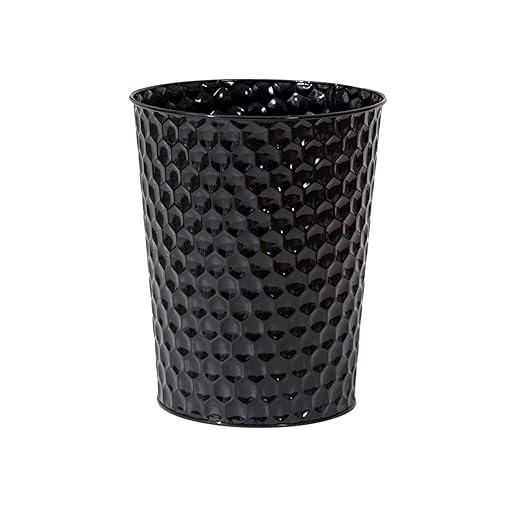 Small Metal Trash Can Wastebasket, Decorative Honeycomb Garbage Can Waste Basket, Modern Farmhouse Round Trash Bin for Bathroom, Bedroom, Kitchen and Office (Black)