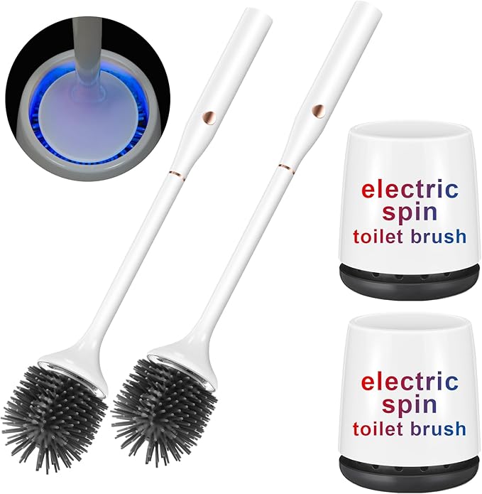 Electric Toilet Bowl Brush,Silicone Toilet Brush,Toilet Bowl Brush and Holder Set with Ventilated Holder,Toilet Brush, Floor Standing, Wall Mounted Without Drilling，Rechargeable 2packs