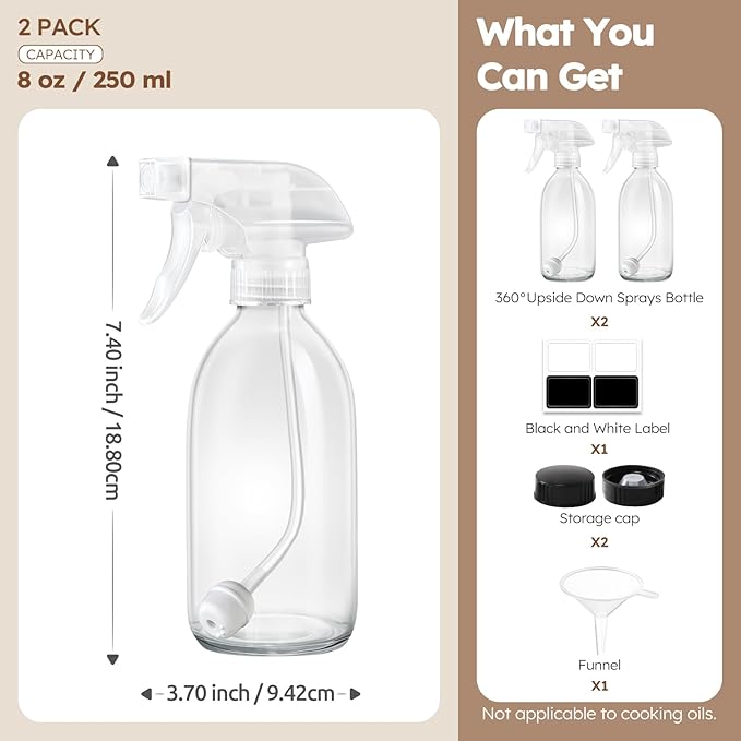 Tecohouse Glass Spray Bottles 8oz, 2 Pack 360° Glass Spray Bottle for Cleaning Upside Down Mister Squirt Bottle with Adjustable Nozzle for Hair, Plants, Pet Clear White Nozzles