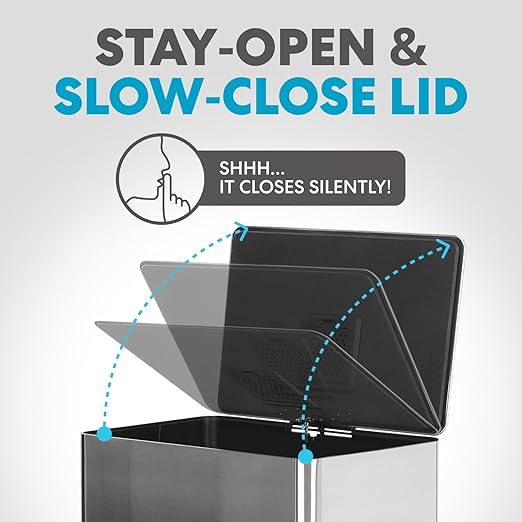 SIMPLI-MAGIC 50 Liter / 13.2 Gallon Soft-Close, Smudge Resistant Trash Can with Foot Pedal and Built in Filter- Stainless Steel, Sleek Finish