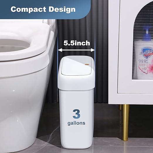 JOYBOS Bathroom Trash Can with Lid,3 Gallon Small Garbage Can with Press Top Lid,10L Dogproof Slim Plastic Narrow Trash Bin for Toilet, Office, Bedroom, Living Room, Grey