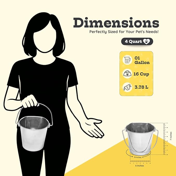 4 Quart Stainless Steel Flat Side Bucket | Durable Heavy Duty Food & Water Feeding Pails for Birds Dogs Cat Goat | Fits kennels Cages Critter Crates Hanging Pet Pail | Multipurpose Bucket