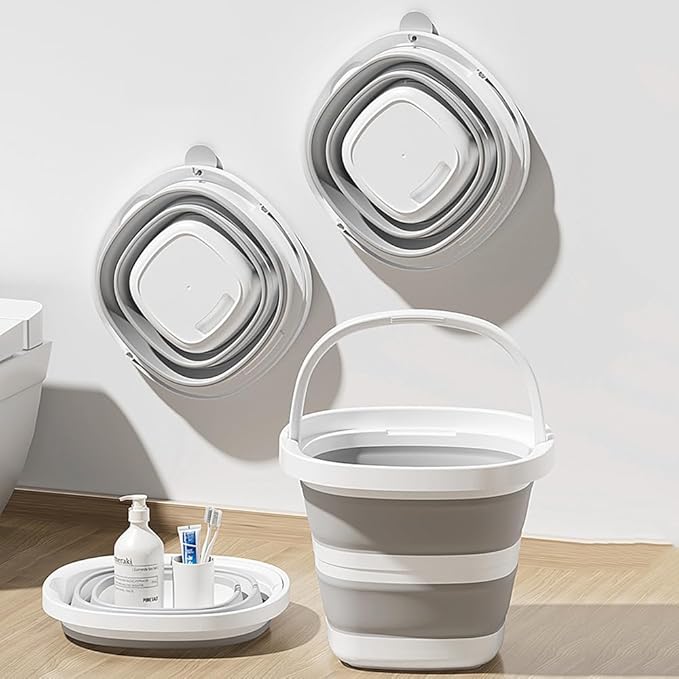 Collapsible Bucket Set, 2.6 Gallon, 2-Pack with Handles, Foldable Design for Camping, RV, Cleaning, Gray and Beige