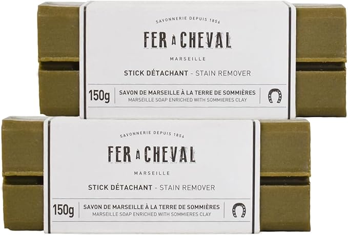Fer à Cheval Marseille Soap Stain Remover Stick 2 Pack - Natural, Hypoallergenic, Travel-Sized Laundry Solution, 150g/5.29oz (Stick with Sommières Clay)