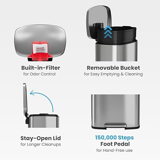 iTouchless SoftStep 13 Gallon Kitchen Trash Can with Lid and Odor Filter, Stainless Steel 50 Liter Recycling Bin for Home Office Bedroom Garage Living Room Bathroom Silent Lid Close Slim Wastebasket