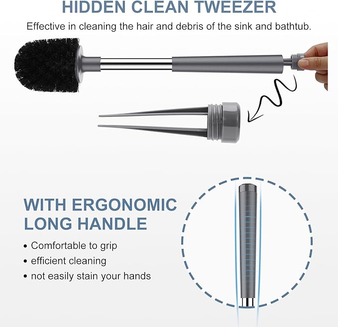 SetSail Toilet Brush and Holder 3 Pack, Self Closing Lid Toilet Bowl Brushes Holder Extra Long Handle Ventilated Toilet Brush Set for Bathroom Cleaning, Nylon Bristles, Grey