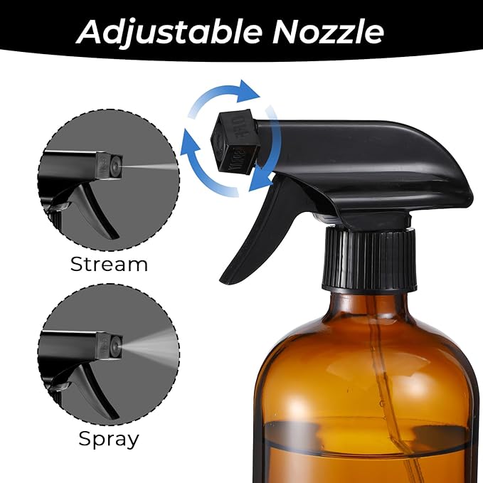 6 Pack Amber Glass Spray Bottles, Refillable 16 oz Empty Bottle with Durable Adjustable Nozzles for Cleaning Solution, Spray Bottles for Hair, Plants, Cleaner, Essential Oil