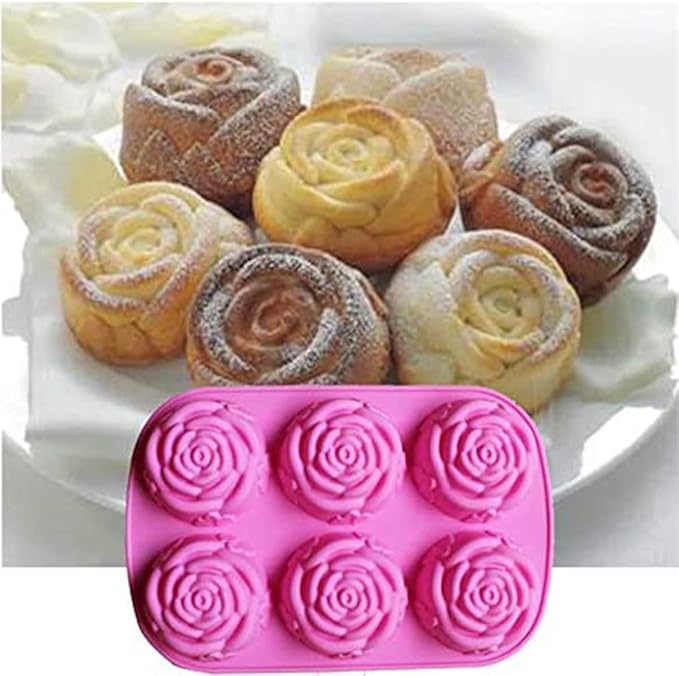 6 Cavity Rose Flower Silicone Mold for Cake Chocolate Candy Cupcakes Pudding Muffins Ice Cube Soap Making 3PCS