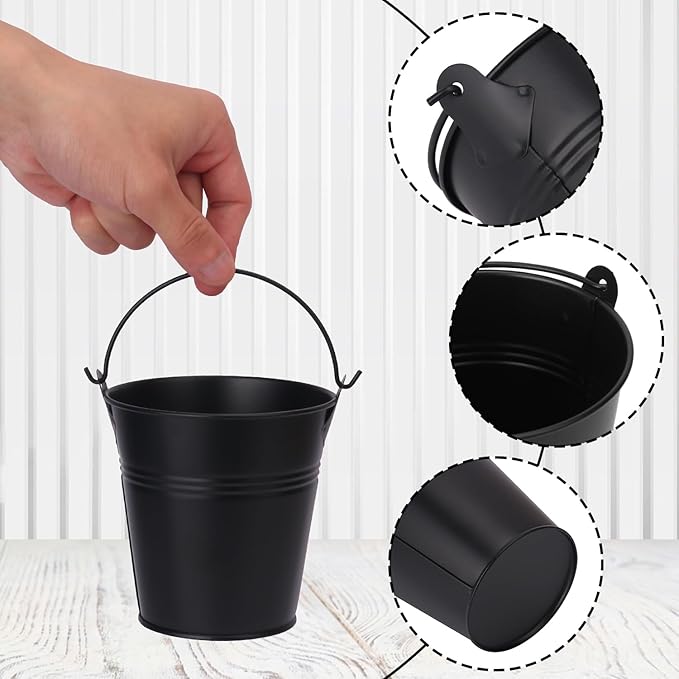 22 Pack 4 Inch Black Mini Metal Bucket, Elegant Galvanized Buckets with Handles, Tin Buckets, Small Iron Bucket, Mini Metal Pail for Party Favors, Crafts, Garden & Beach