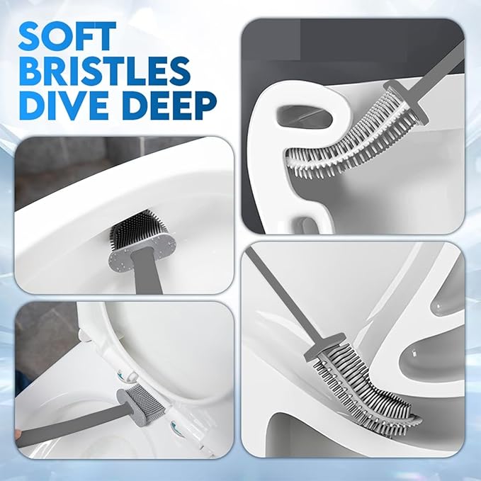 Silicone Toilet Brush and Holder Set – Pack of 2 Grey Wall Mounted Toilet Brush – Long Non-Slip Handle, Flexible Bristles for Easy Cleaning – Modern Toilet Scrubber Brush