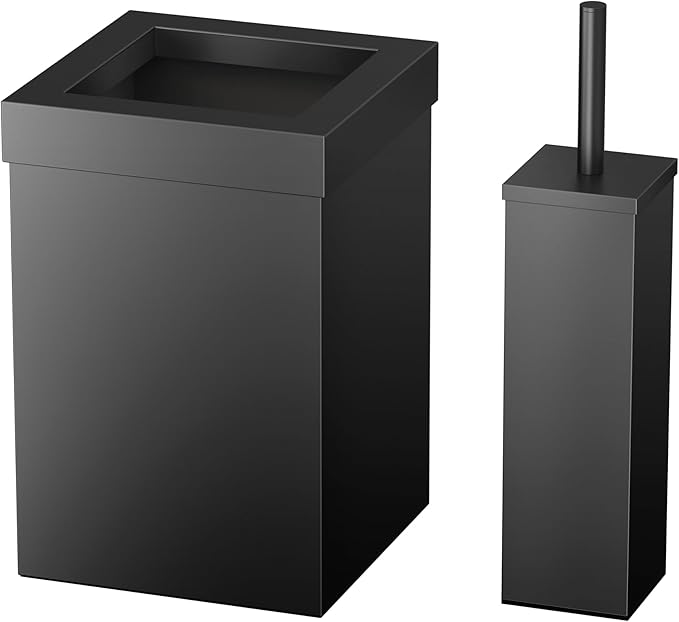 Gatco Modern Square Waste Basket and Toilet Brush Set, Matte Black - Stainless Steel Trash Can with Removable Lid, Leakproof, 3 Gallon Capacity for Bathroom, Bedroom, Kitchen, or Office