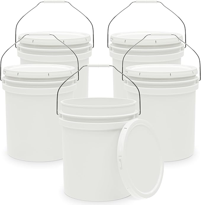 5-Gallon White Bucket Pail Container with Lid | Heavy-Duty Extra Durable | Metal Handles with Plastic Grip for Easy Carrying | Multi-Use | Easy Stack and Store | BPA Free - 5 Pack
