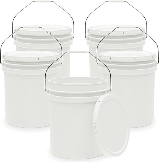 5-Gallon White Bucket Pail Container with Lid | Heavy-Duty Extra Durable | Metal Handles with Plastic Grip for Easy Carrying | Multi-Use | Easy Stack and Store | BPA Free - 5 Pack