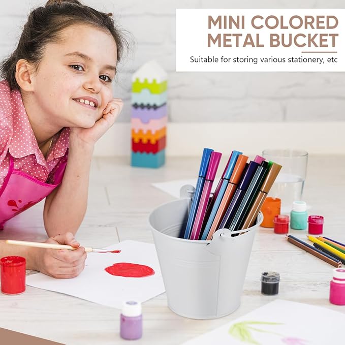 OBTANIM 7 Pack White Metal Buckets with Handle Galvanized Ice Pails for Plants, Succulents, Party Favors Organizing, Rustic Home Decor or Classrooms Pencil Storage (5.1 x 3.6 inch)