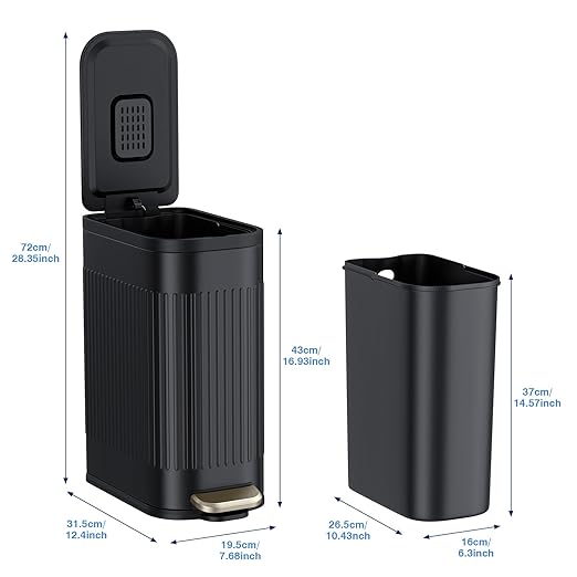 BETHEBEST Trash Can with Lid,Soft Close,Step Pedal,4 Gallon/15 Liter Stainless Steel Bathroom Trash Can with Removable Inner Waste Bin,Small Garbage Cans for Bathroom, Bed Room,Office, Kitchen(Black)